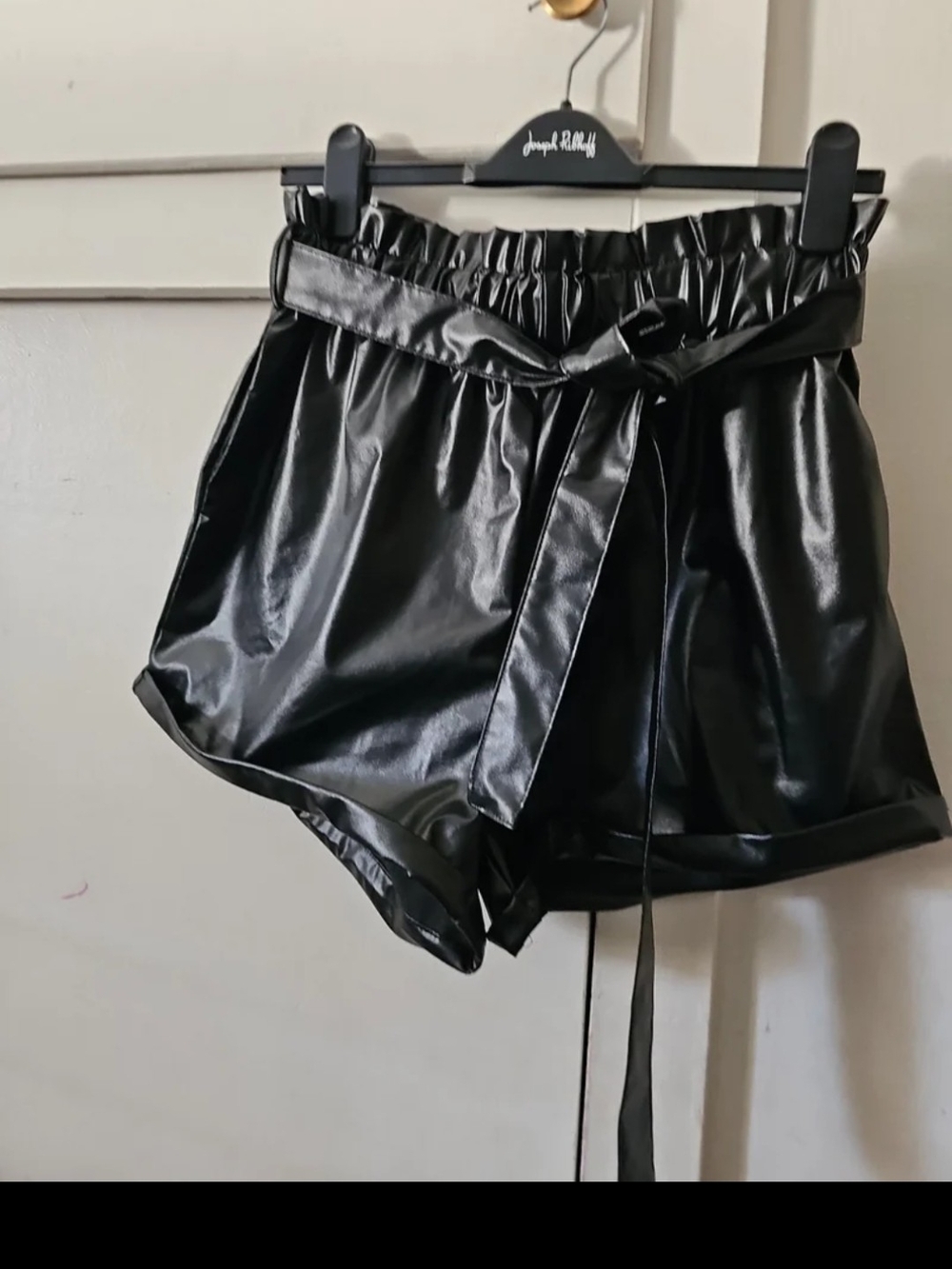 SHEIN Black Faux Leather High Waist Paperbag Shorts with Belt